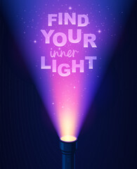 Flashlight Beam with Motivational Quote "Find Your Inner Light" in Glowing Sparkling Purple Light Cone on Dark Background, vector card template