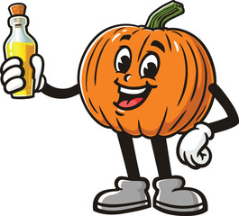 Cartoon pumpkin character holding a bottle of oil