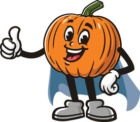 Cartoon pumpkin character in caped superhero style