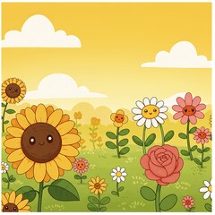 Cute Cartoon Flower Field, Sunny Day