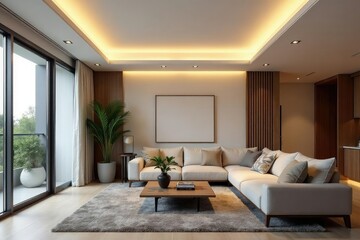 Fototapeta premium Modern minimalist ceiling light fixture illuminating a contemporary living room , modern home, contemporary style, elegant