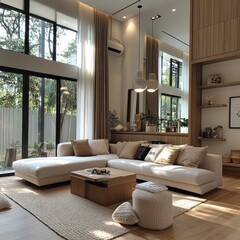 Modern minimalist living room, sunlight streaming through large windows, showcasing comfortable sectional sofa and neutral decor; ideal for home decor websites