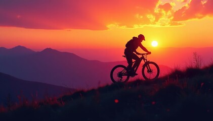 Obraz premium Silhouetted mountain bike on a hilltop at sunset , frame, wilderness, majestic