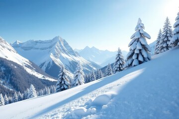 Snowy mountain slope with untouched powder, perfect for skiing Winter wonderland scene , cold weather, winter, snowy