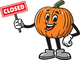 Cartoon pumpkin character holding a closed sign