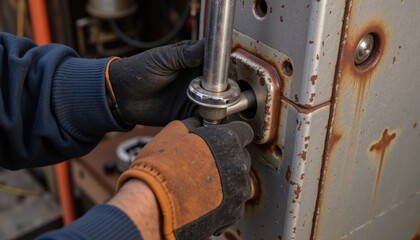 Close-Up of Hands Using Tools for Metalworking Repair in Industrial Workshop Setting
