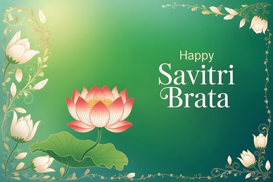 Happy Savitri Brata Celebrate with a vibrant lotus blossom elegant floral border and a serene green background