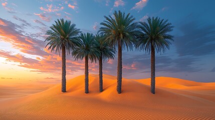 Desert sunset, palm trees on dunes