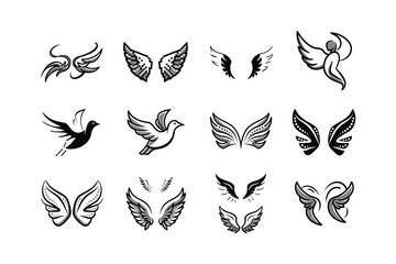 unique and various artistic angle views of Energetic wings tattoo vector line and silhouette art