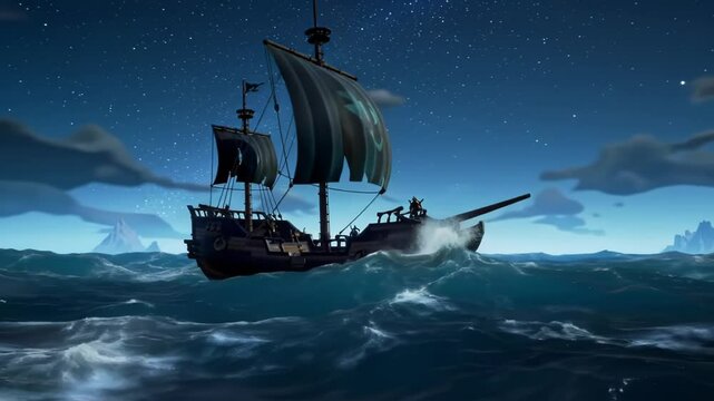 Pirate Galleon Sailing the Open Seas at Night Under a Starry Sky
