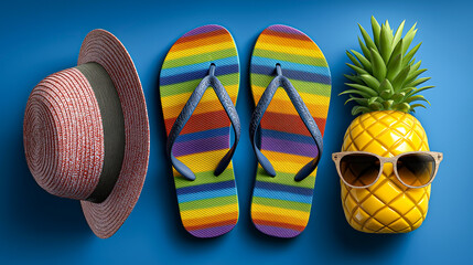 Vibrant summer essentials: a straw hat, rainbow flip-flops, and a pineapple with sunglasses on a sunny blue background.
