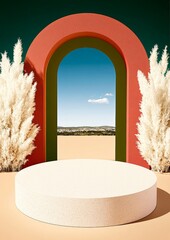Abstract archway with desert landscape and decorative grass in vibrant colors