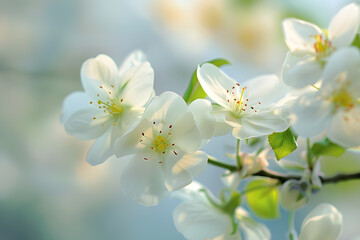 Obraz premium Close-up of delicate white cherry blossoms with a soft blue background