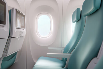Airplane interior showcases modern seating, personal entertainment, and window view for a comfortable travel experience.