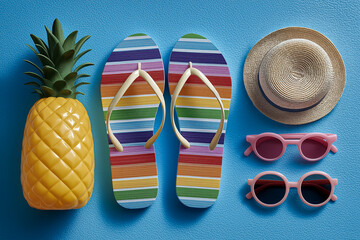 Tropical Getaway Essentials: Pineapple, Rainbow Flip-Flops, Stylish Sunglasses & Hat for a sunny holiday adventure. #SummerVibes