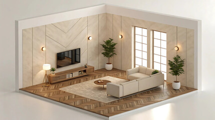 Fototapeta premium Modern Living Room Interior, Warm Beige and Wood Tones, Contemporary Minimalist Design, Cozy Seating Area, Natural Light, Comfortable Ambiance.