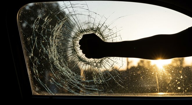 Close-up of fist shattering a car window highlighting themes of disruption