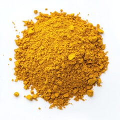 Pile of yellow powder close up on white background