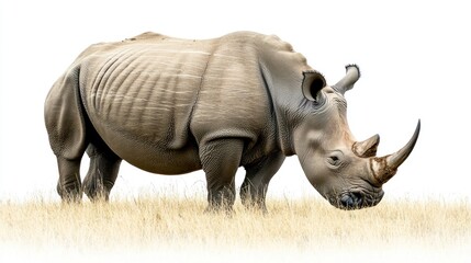 Fototapeta premium A powerful rhinoceros grazing in a grassland, showcasing its impressive horn, on a white background