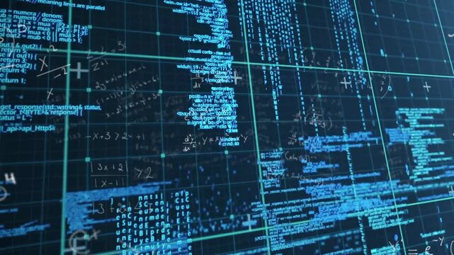 Flat design animated illustration displaying neon grid layering code snippets and math formulas