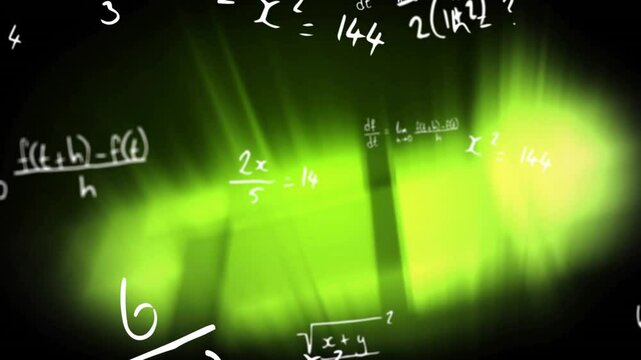 White handwritten math equations floating over glowing neon background in animated 3D illustration