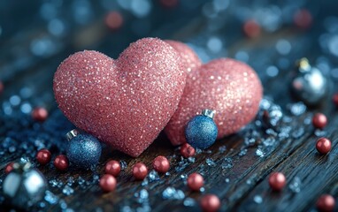 Obraz premium Two glitter hearts, ornaments, wood, winter, romance, holiday card