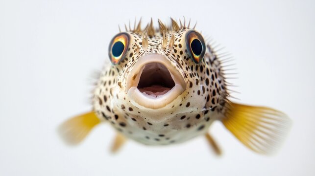 A pufferfish with a surprised expression on a white background