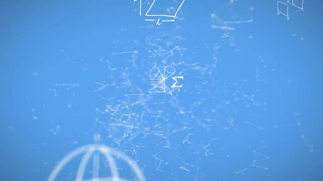 Glowing network nodes connecting around sigma symbol, floating sketches drifting over blue canvas