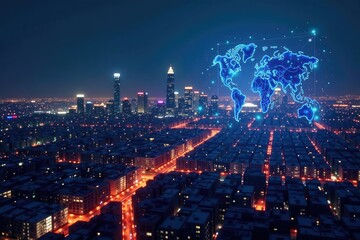 Fototapeta premium Diverse network diagram projected on a futuristic cityscape at night , diagram, workflow, architecture