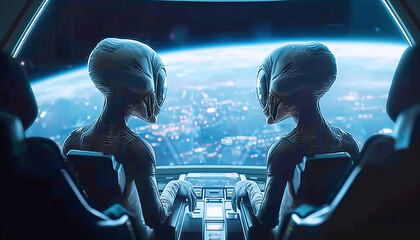 Two alien beings with elongated heads and large eyes sit at a control panel overlooking a cityscape and Earth from their spacecraft. Future space traveling scene is both futuristic and intriguing.