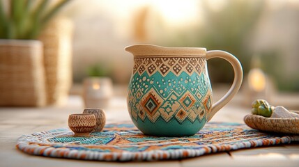 Fototapeta premium Colorful woven mat with a handcrafted ceramic jug featuring vibrant glazes and intricate patterns.