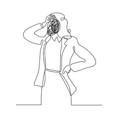 Continuous line sketch drawing art of stress confusing people because any problem. Vector illustration single line editable stroke of business woman mess feeling with round scribbles instead of a head