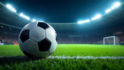 Fototapeta premium Soccer ball on the field of stadium at night. Mixed media, created with generative ai