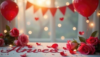 Obraz premium Happy anniversary celebration, romantic setting with decorations , couple, cherished