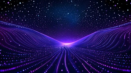 A digital - style image with a cosmic feel. It features a star - filled dark sky above undulating lines and dots in shades of purple and blue, creating an other - worldly, tech - infused landscape. 