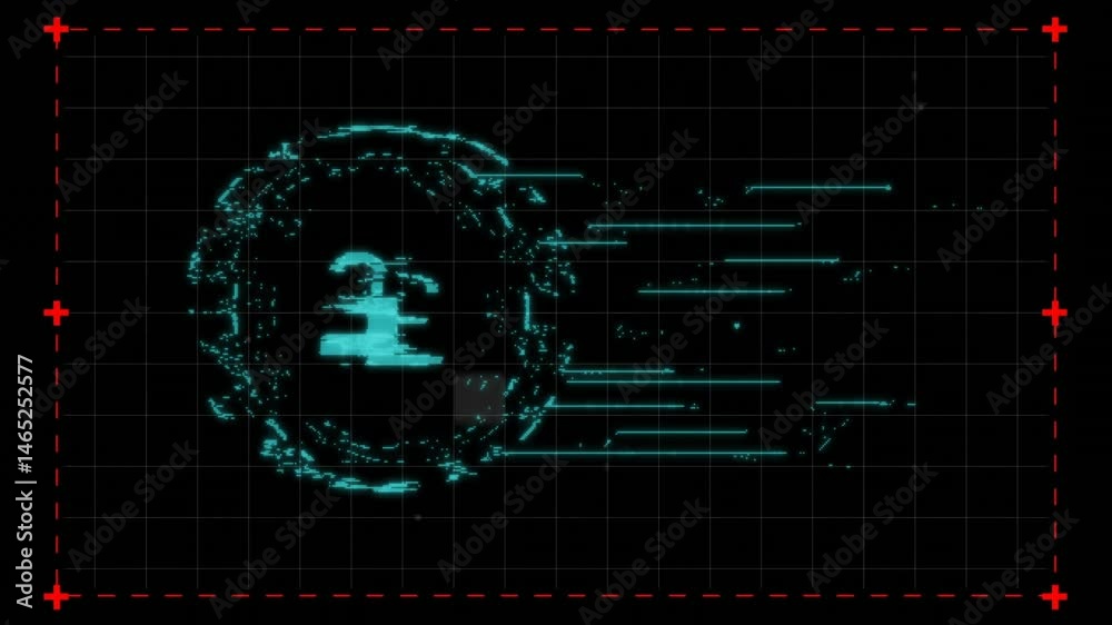 Poster cyan holographic interface being visualized over dark grid with glitch particles and scanning lines
