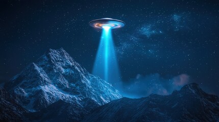 Ufo glows brightly over mountains on world ufo day night