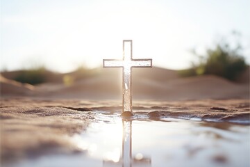 A glowing cross in the desert as the source of a flowing stream, symbolizing the divine gift of living water and spiritual life.

