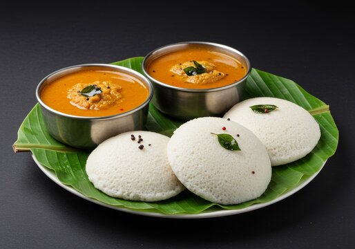 Authentic south indian idli sambar platter served on banana leaf background