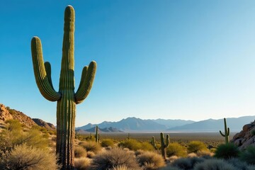 Majestic saguaro cactus in the Arizona desert, arms reaching towards the sky , desert, arid landscape, desert bloom