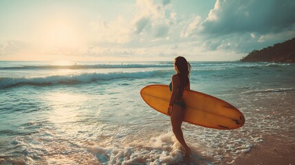 Woman with surfboard standing in ocean waves at sunset on a tropical beach with cloudy sky view