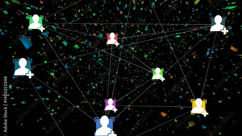Poster digital network nodes linking, showing white user icons in colorful frames amid particles