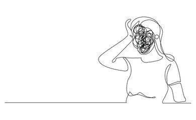Continuous line sketch drawing art of stress confusing people because any problem. Vector illustration single line editable stroke of business woman mess feeling with round scribbles instead of a head
