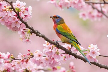 Colorful Warbler Perched on Cherry Tree Branch in Spring Bloom Generative AI