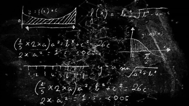 Particle network being visualized on chalkboard-style backdrop, featuring chalk formulas and axes