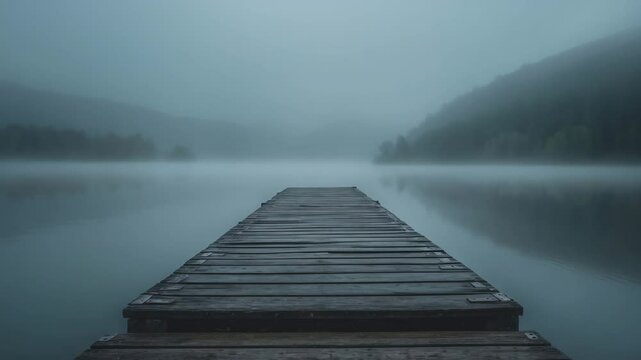 Ancient timber pier amidst a bleak, misty lake.