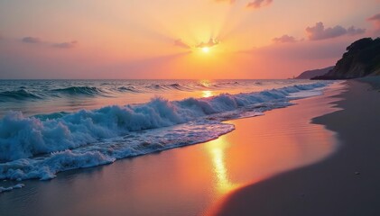 Obraz premium Serene beach scene at sunset, calm ocean waves gently lapping the shore , zen, peace