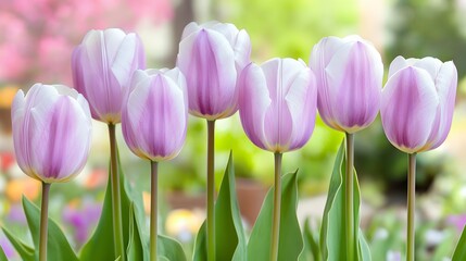 Obraz premium Beautiful Row of Pale Purple Tulips in Spring Garden