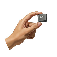 Hand holding enter button on transparent background.