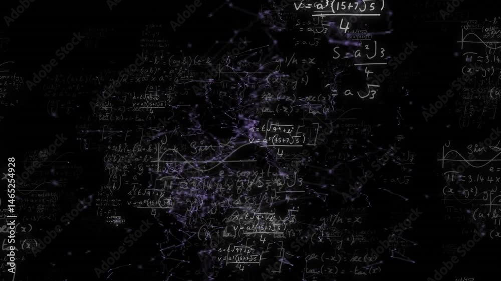 Poster handwritten equations floating in dark void, 3d render showing glowing purple network lines